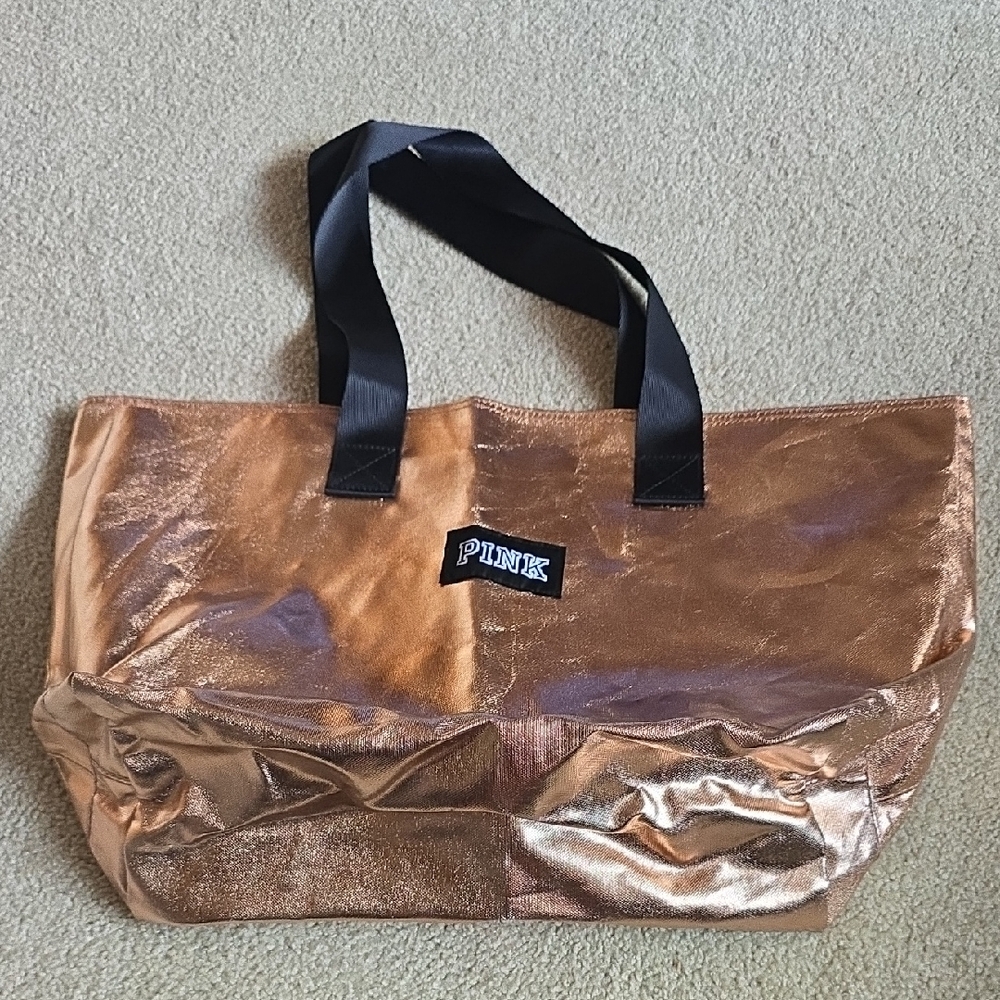 PINK Victoria's Secret Metallic Gold Tote with Black Handles